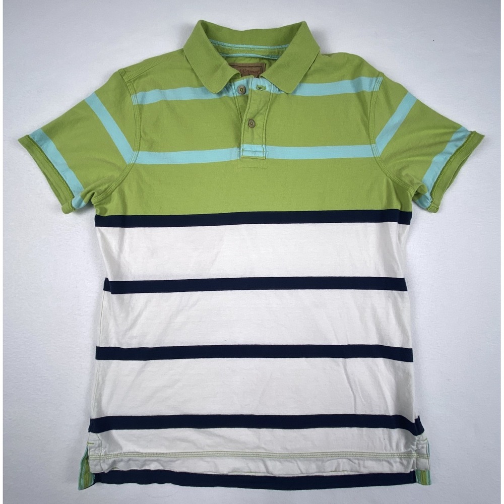 Red Camel Mens Polo Shirt Large Green Blue White Striped Short Sleeve Cotton